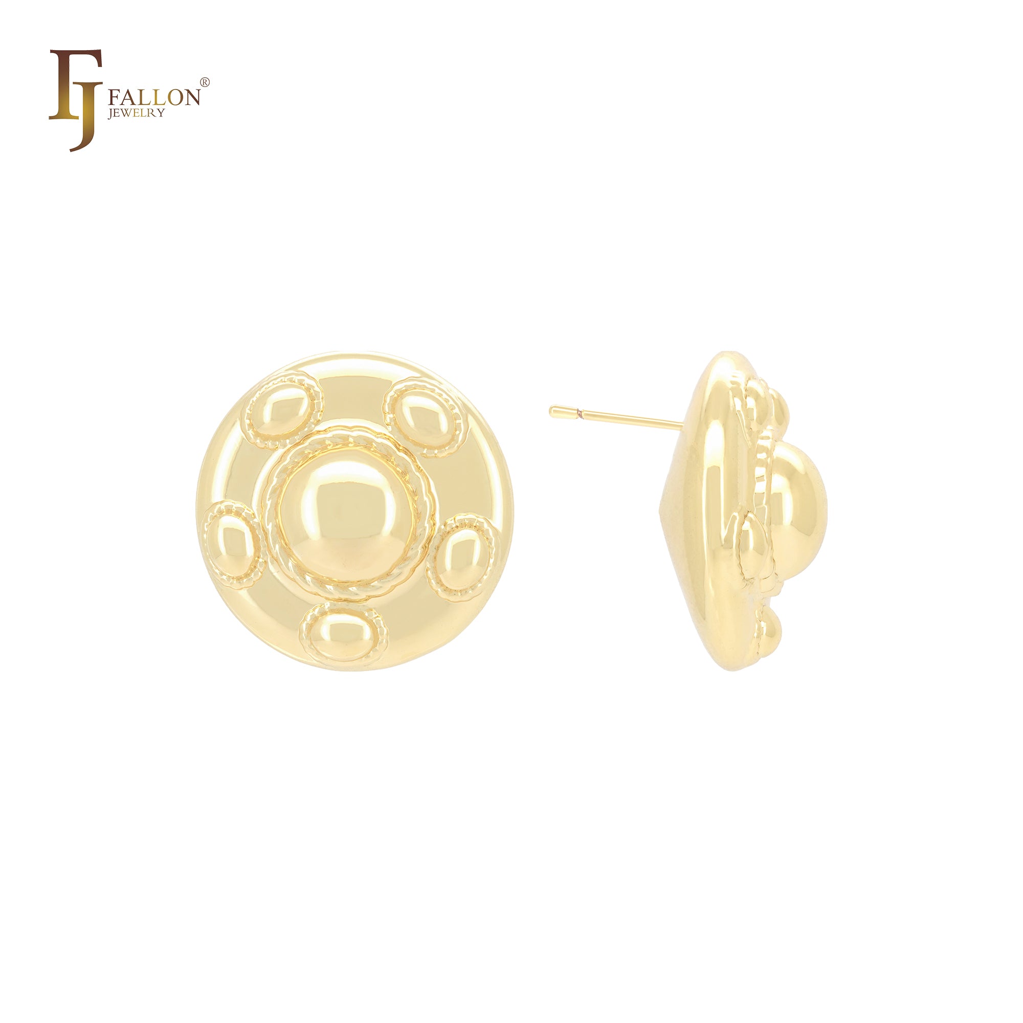 Pendientes de botón de oro de 14 quilates, oro rosa y oro blanco con forma de placa redondeada de cinco cuentas.