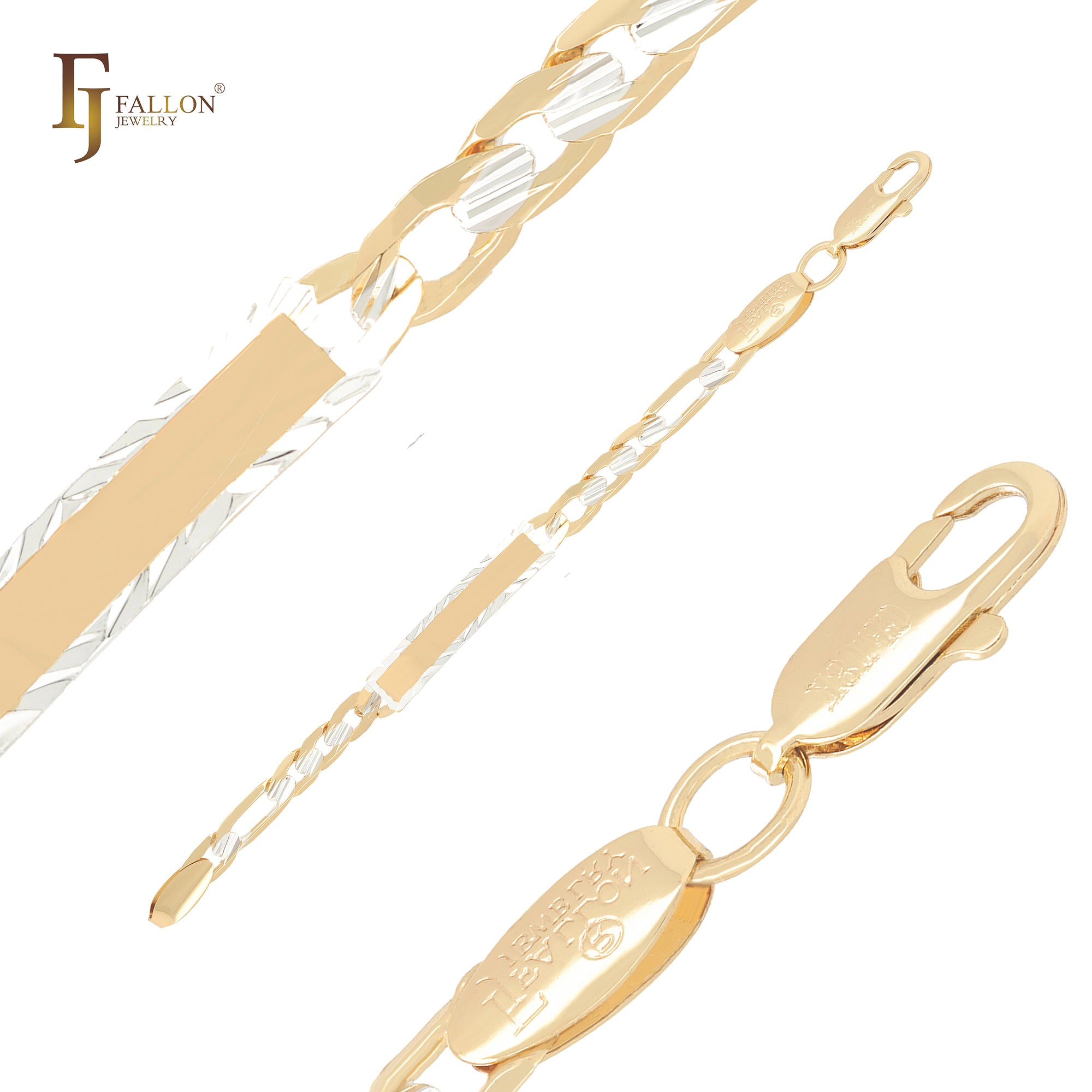 Figaro link slash hammered 14K Gold two tone Men's ID Bracelets