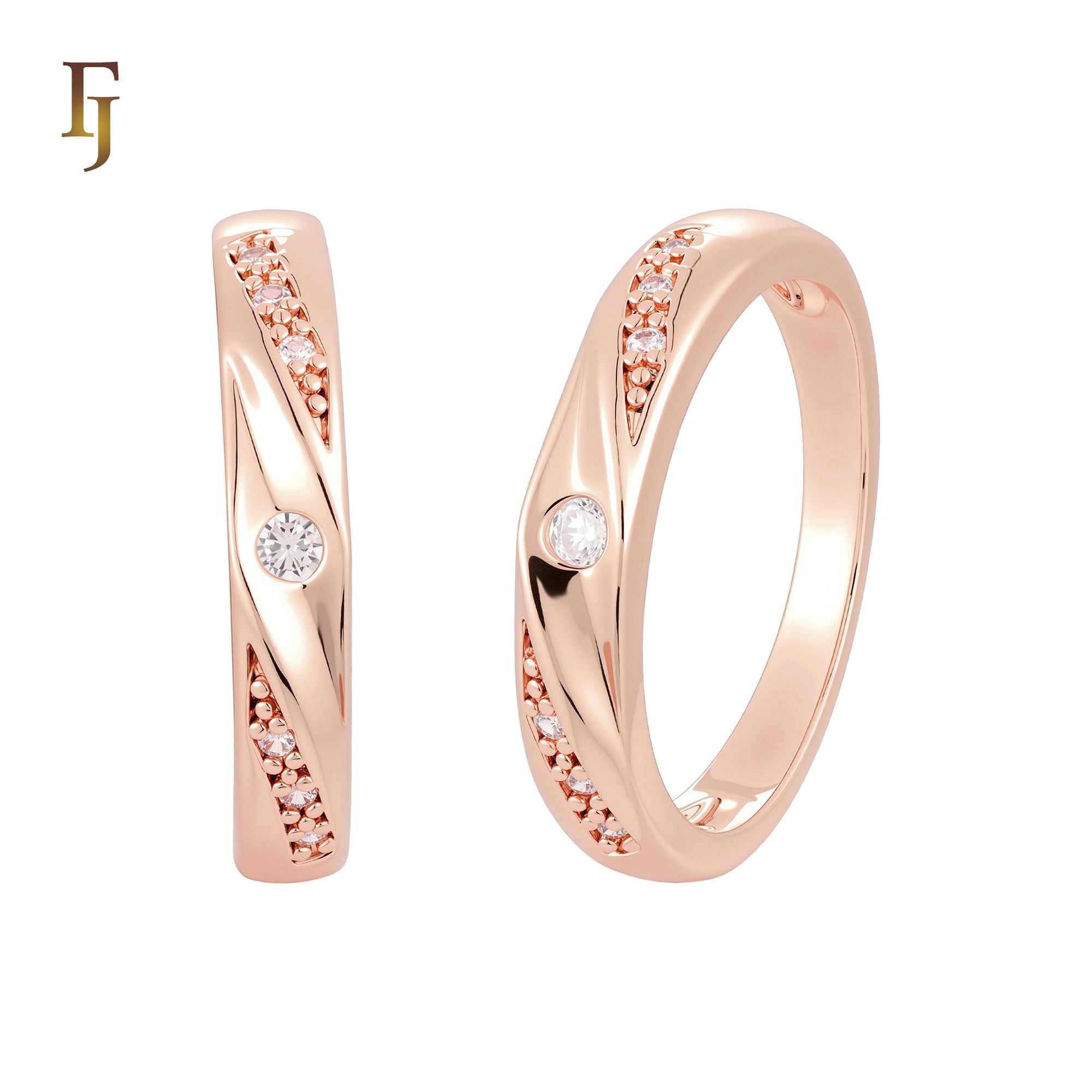 Slashed Ribbon textured 14K Gold, Rose Gold Wedding Set Rings Engagement and Band