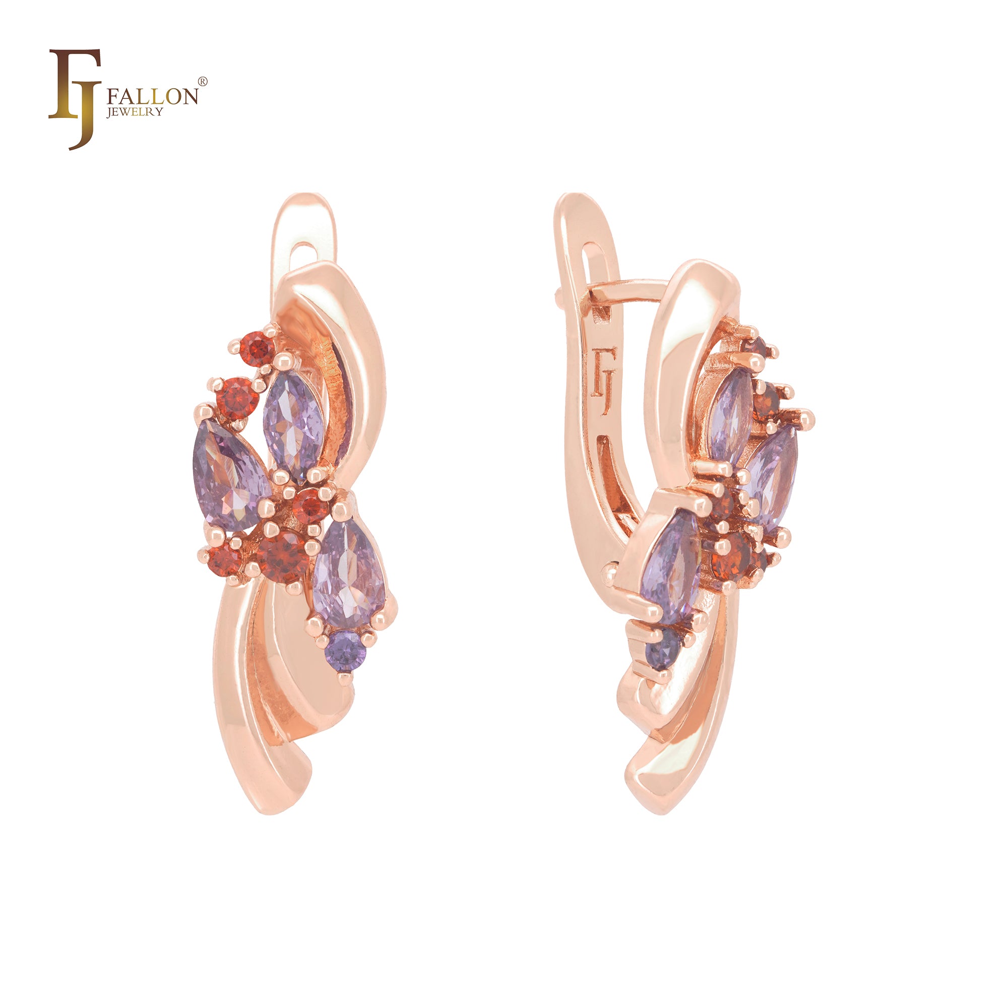 Ribbon flower of white CZs Cluster Rose Gold Russian Lock Earrings