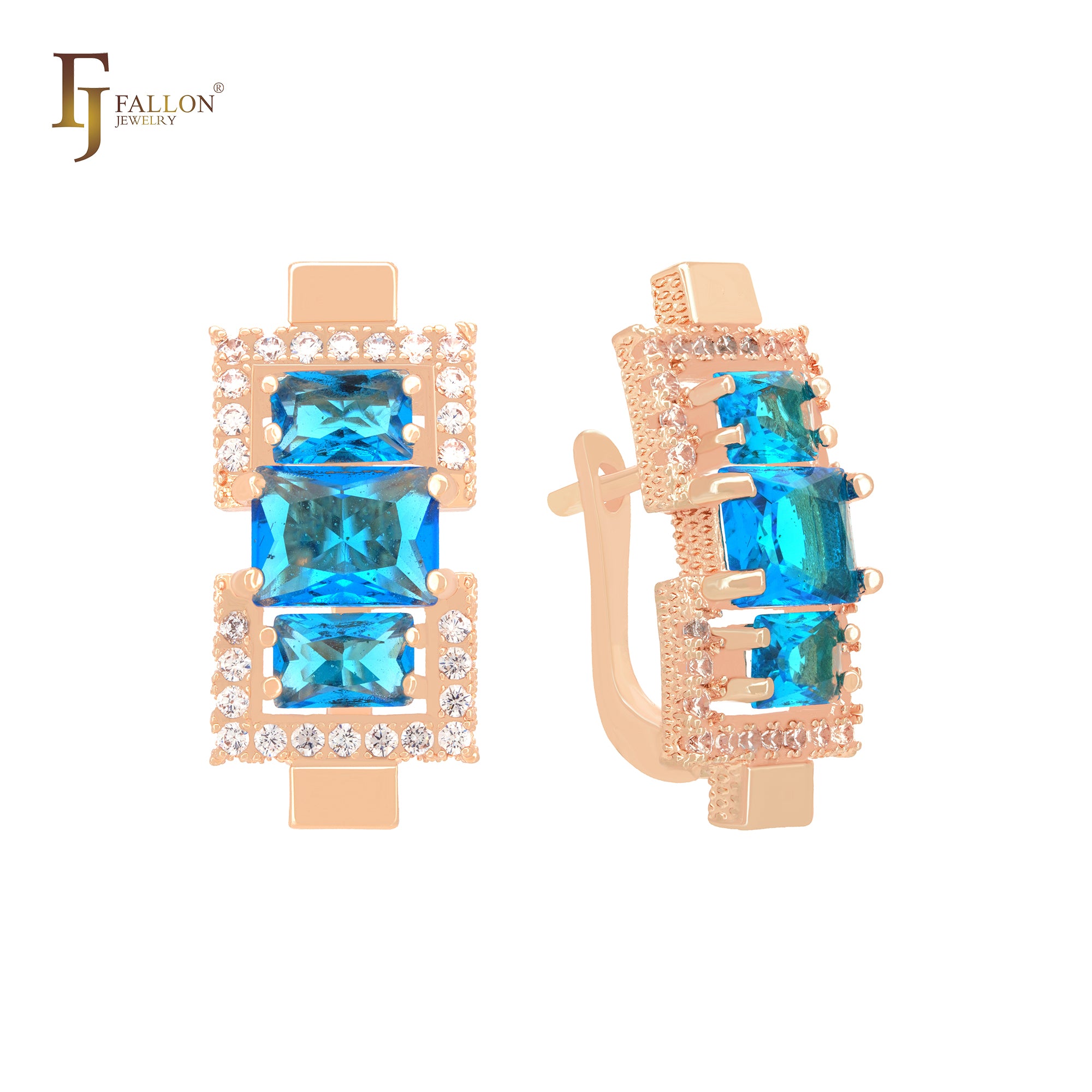 Triple baguette lake blue CZs cluster 14K Gold, Rose Gold Russian Lock Earrings