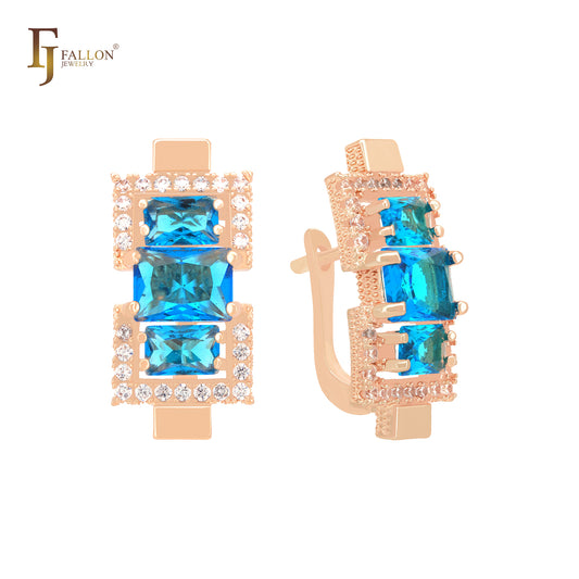 Triple baguette lake blue CZs cluster 14K Gold, Rose Gold Russian Lock Earrings