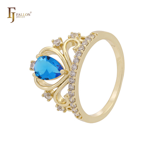 Pear shaped Solitaire Colorful CZ 14K Gold, 18K Gold, Rose Gold Cluster White CZ Crown Rings