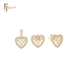 Petit tiny Net Cluster weiße CZs Herzform 14K Gold Schmuckset mit Anhänger und Ohrstecker