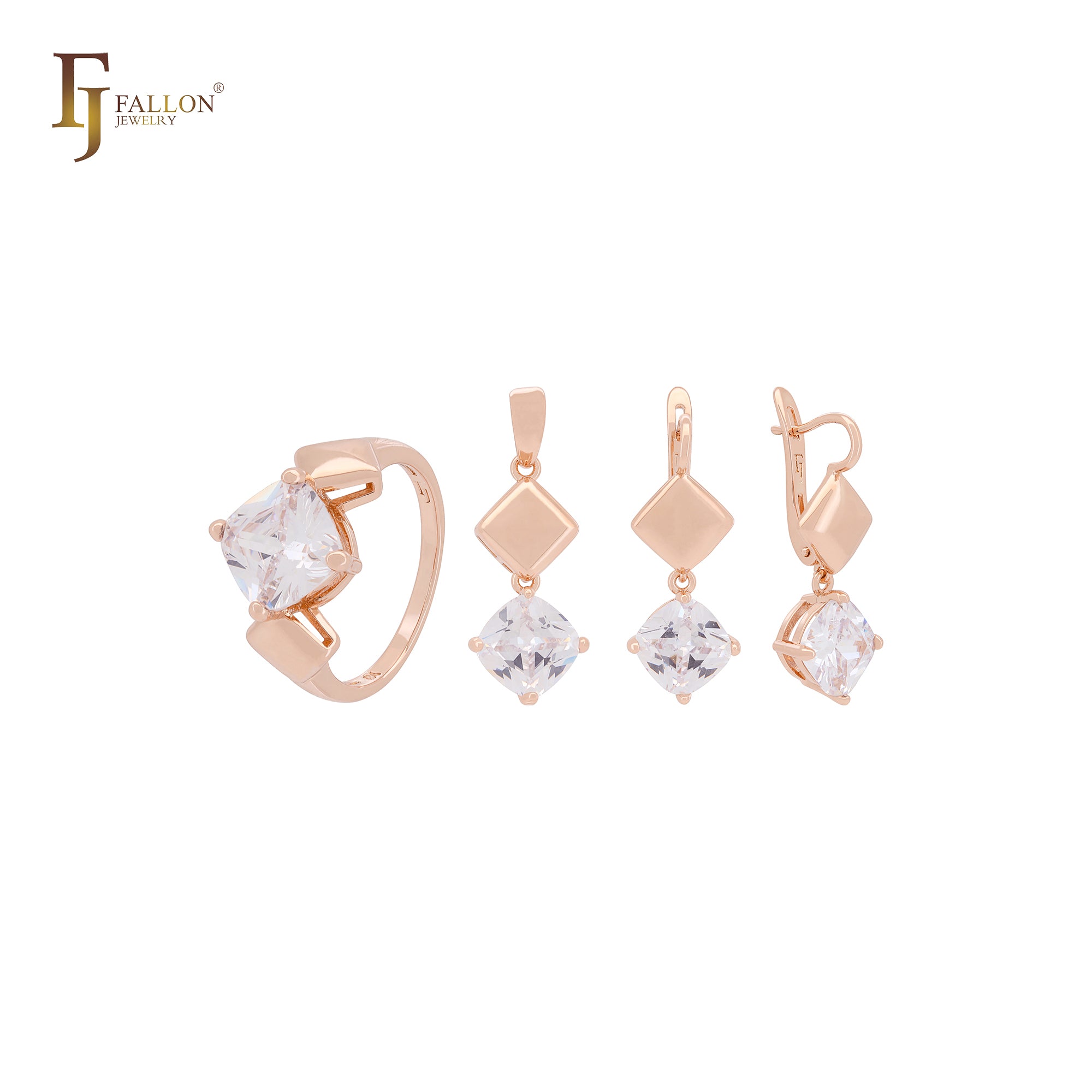 Solitaire Cushion Cut white CZ with Rhombus Rose Gold Jewelry Set with Rings and Pendant