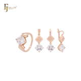 Solitaire Cushion Cut white CZ with Rhombus Rose Gold Jewelry Set with Rings and Pendant
