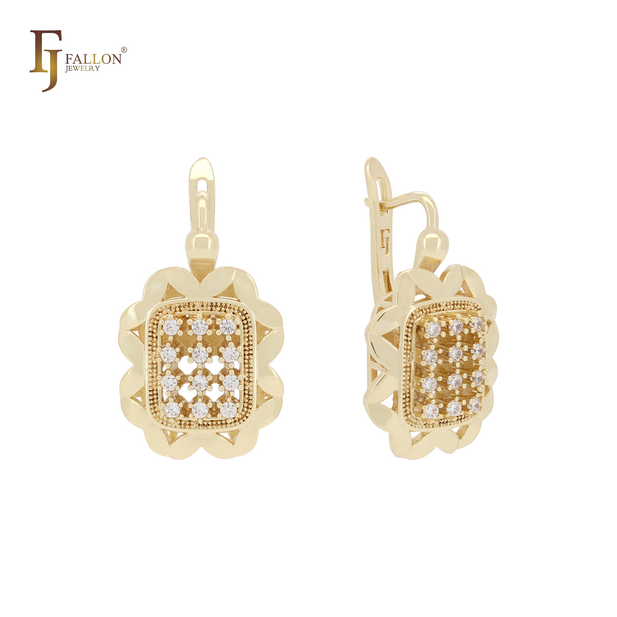 Cluster luxurious of white CZs 14K Gold Russian Lock Earrings