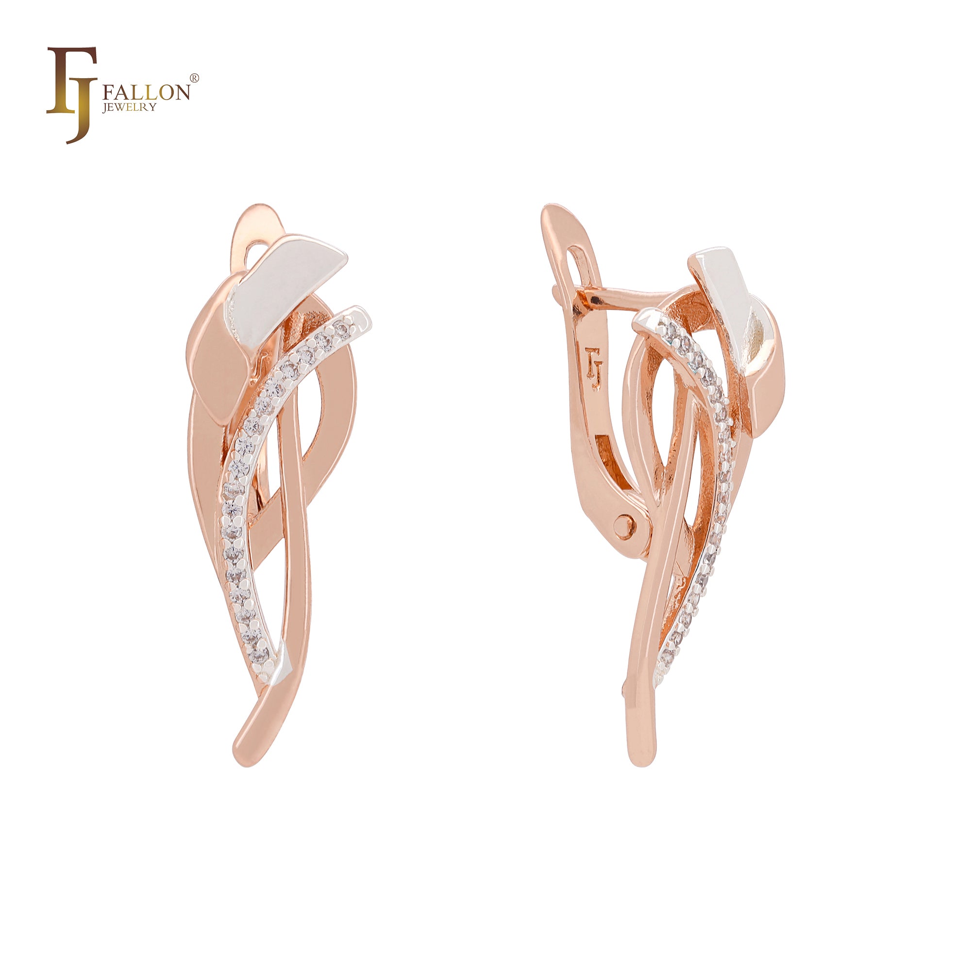Ribbons of slahes White CZs ROse Gold two tone Clip-On Earrings