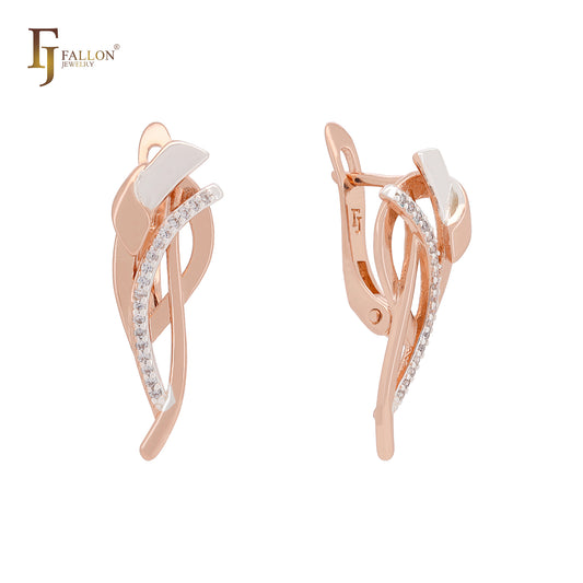 Ribbons of slahes White CZs ROse Gold two tone Clip-On Earrings