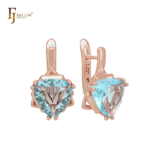 Luxurious minimalism triangular bug solitaire clawed lake blue CZ Rose Gold Russian Lock Earrings