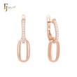 Rounded oblong paperclip of white CZs Rose Gold Russian Lock Earrings