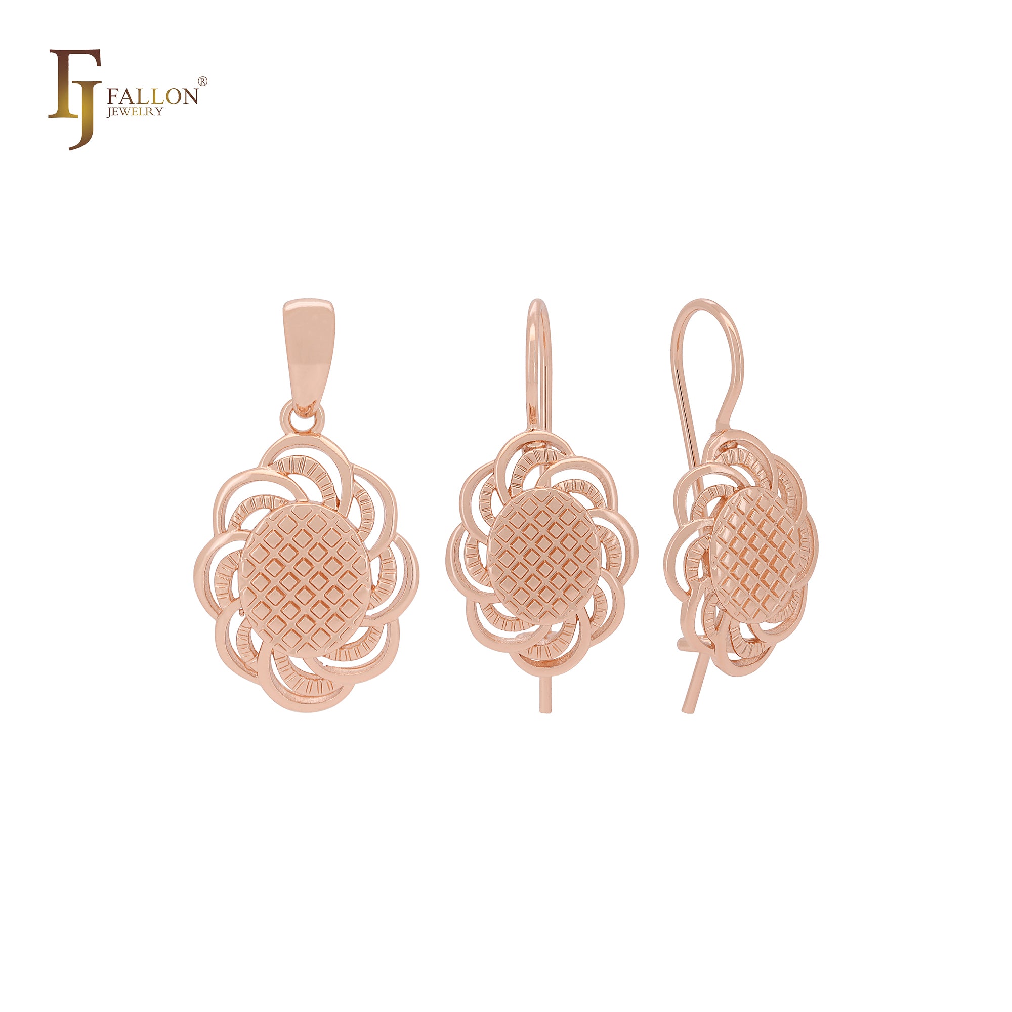 Spinning mesh flower textured Rose Gold Jewelry Set with Pendant