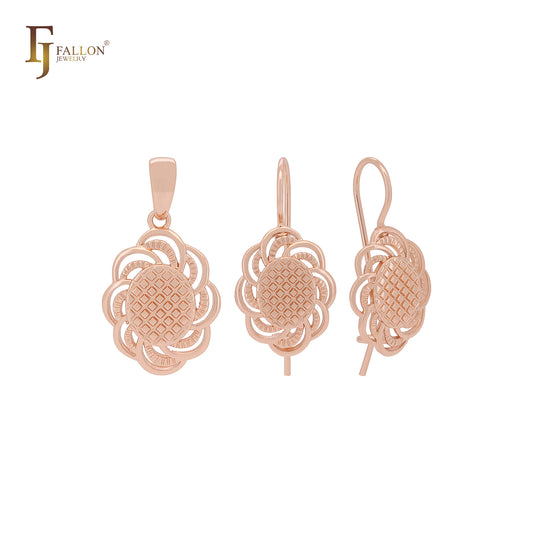 Spinning mesh flower textured Rose Gold Jewelry Set with Pendant