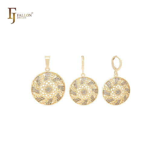 Conjunto de joias de ouro 14K com pingente e zircônias cúbicas brancas arredondadas