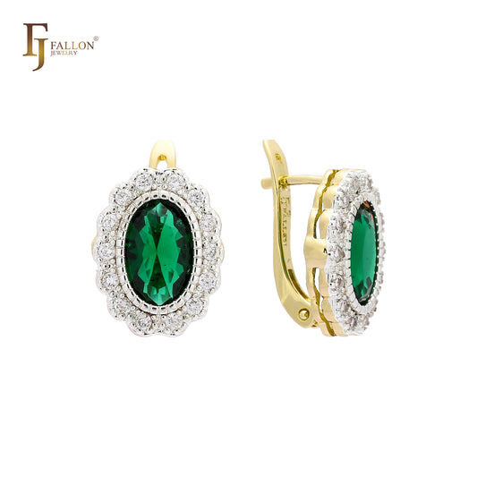 Big stone halo earrings in 14K Gold, Rose Gold, two tone plating colors