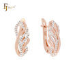 Phoenix feather of paved white CZs Rose Gold two tone Russian Lock Earrings