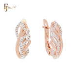 Phoenix feather of paved white CZs Rose Gold two tone Russian Lock Earrings