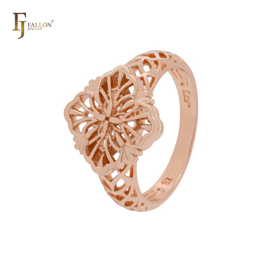 Anillos de moda de oro rosa con filigrana de flores de doble capa