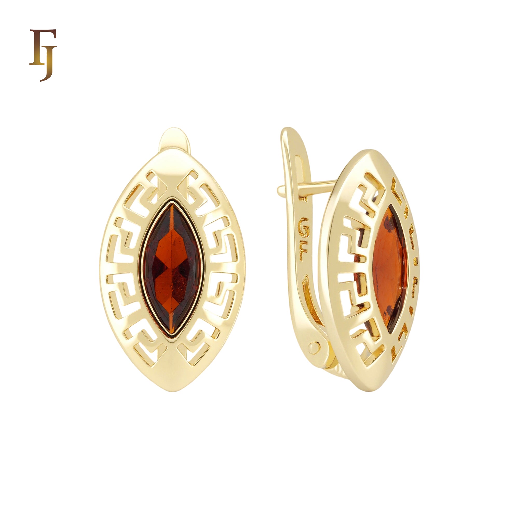 Greek Key meander 14K Gold Red Scarlet CZ Russian Lock Earrings