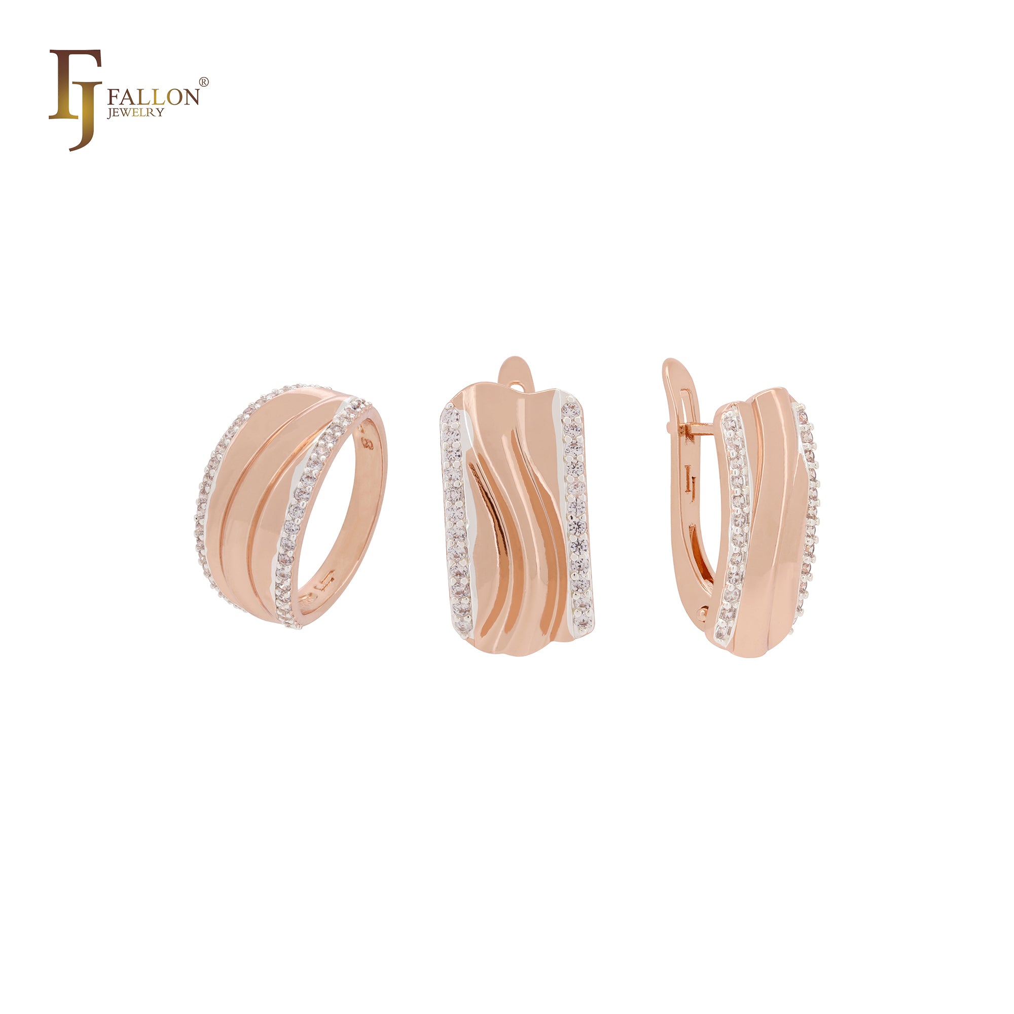 Conjunto de joias em dois tons com anéis e faixas largas com zircônias brancas pavimentadas nas laterais em ouro rosa