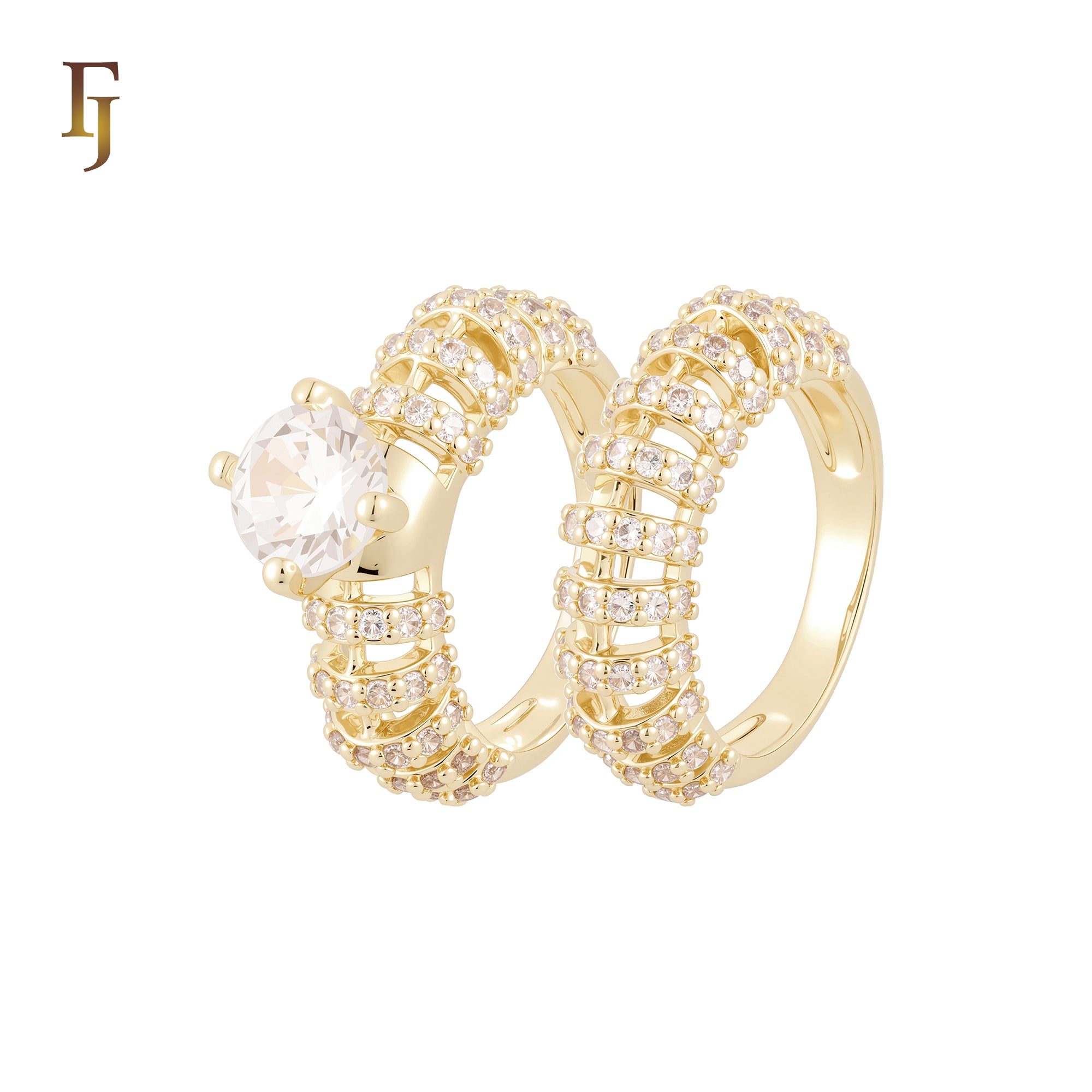Thousand parallel bands of white CZs 14K Gold, Rose Gold Wedding Set Rings Engagement and Band