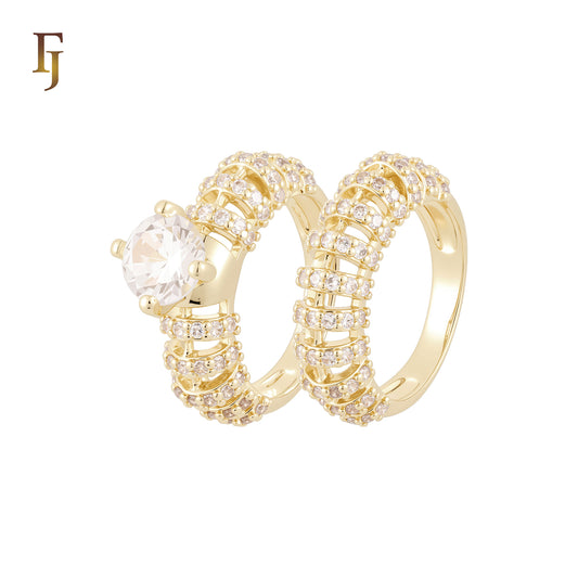 Thousand parallel bands of white CZs 14K Gold, Rose Gold Wedding Set Rings Engagement and Band