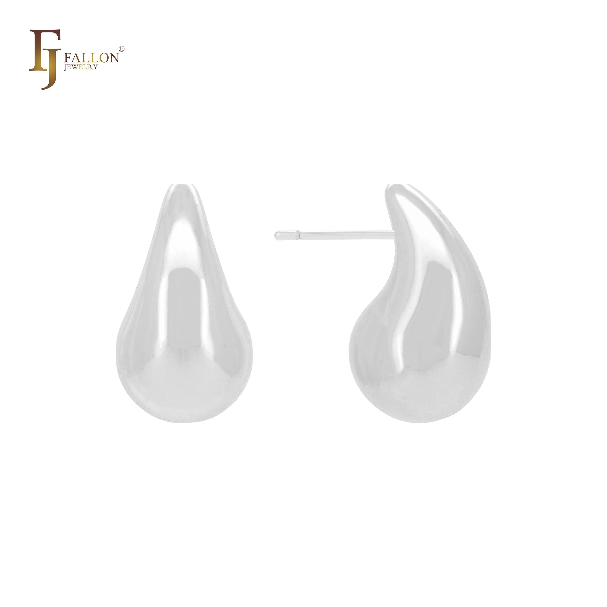 Big glossy curved teardrop shaped 14K Gold, Rose Gold, White Gold Stud Earrings