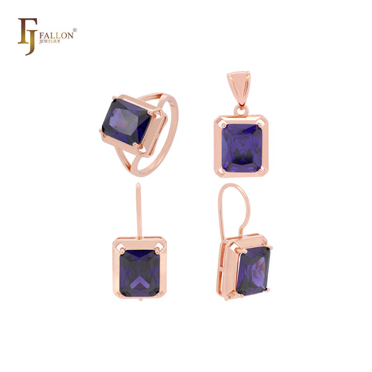 Conjunto completo de joyas de oro rosa 585 con solitario de circonita cúbica cuadrada roja grande, anillos y colgante
