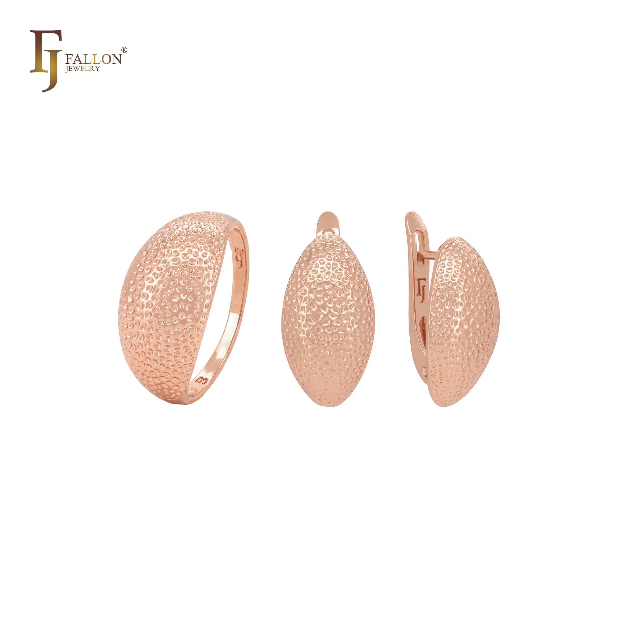 Conjunto de joias da moda em ouro rosa texturizado, oval, arredondado e pontilhado com anéis