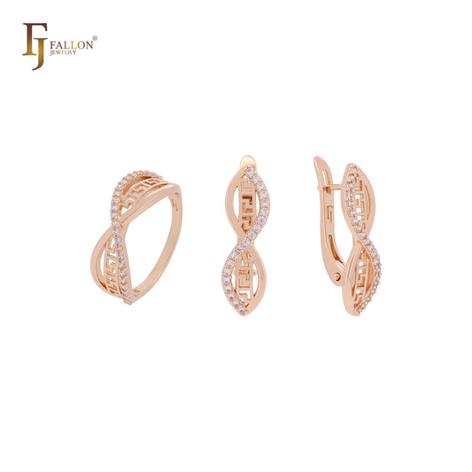 Greek Key Marquise Crossing White CZs Rose Gold Jewelry Set with Rings