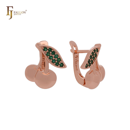 Brincos de criança em ouro rosa com folhas verde-esmeralda e pequenas cerejas