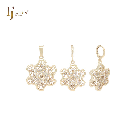 Conjunto de joias com pingente em ouro 14K e pétalas torcidas octogonais de zircônias cúbicas brancas Kleidoscope