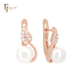 Pearl with leave of white CZs Rose Gold Russian Lock Earrings