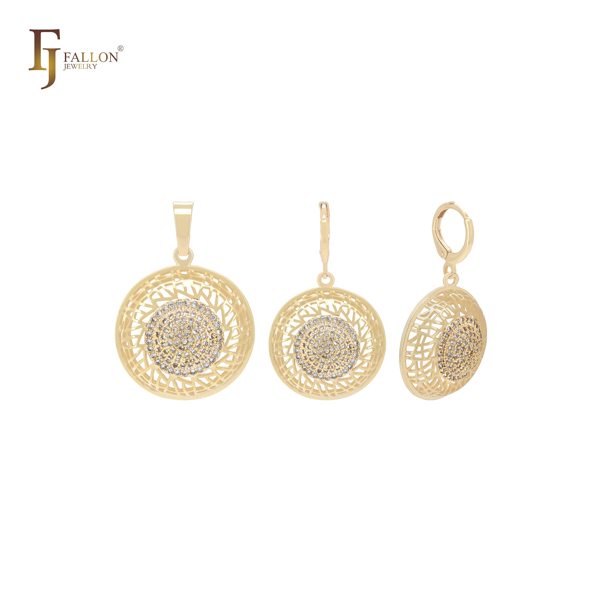 Kreisförmiges weißes Zirkonia-Cluster-Schmuckset aus 14 Karat Gold mit Anhänger