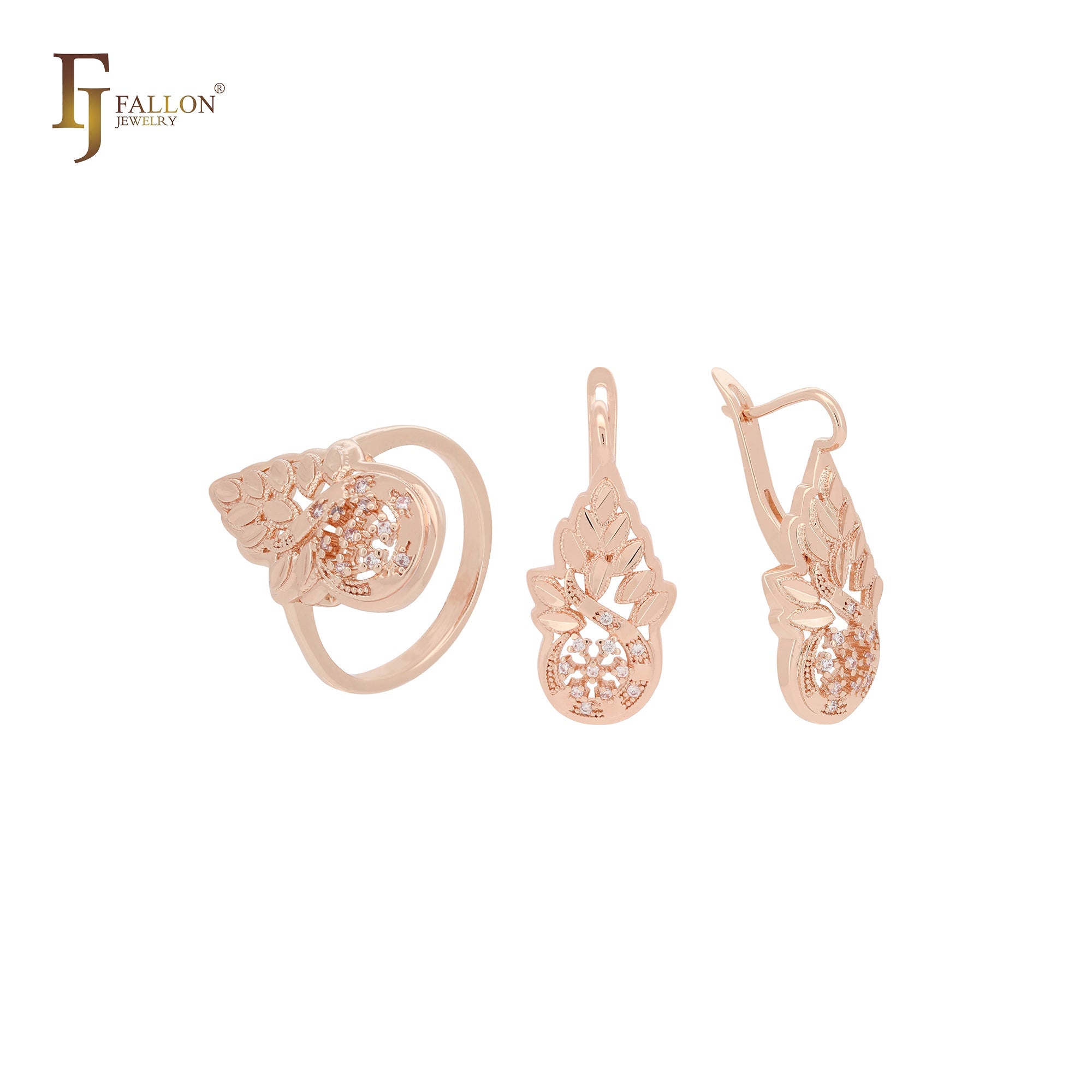 Ananas-Cluster weiße Zirkonia 14 Karat Gold, Roségold-Schmuckset mit Ringen