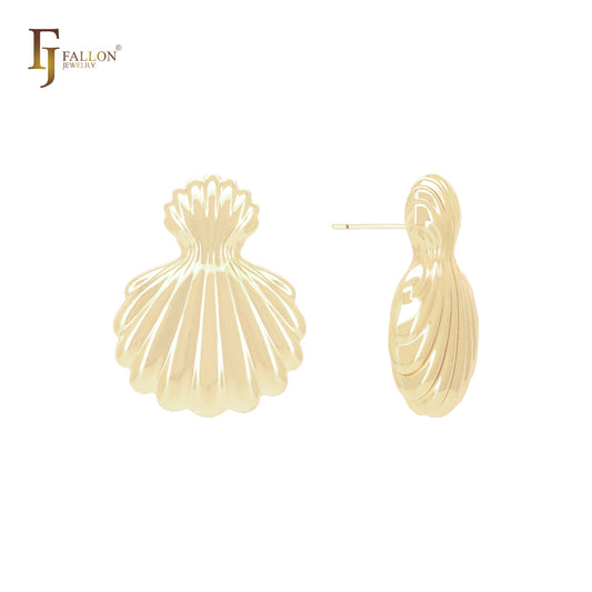 Pendientes de botón con falda de doble concha en oro de 14 quilates, oro rosa y oro blanco.