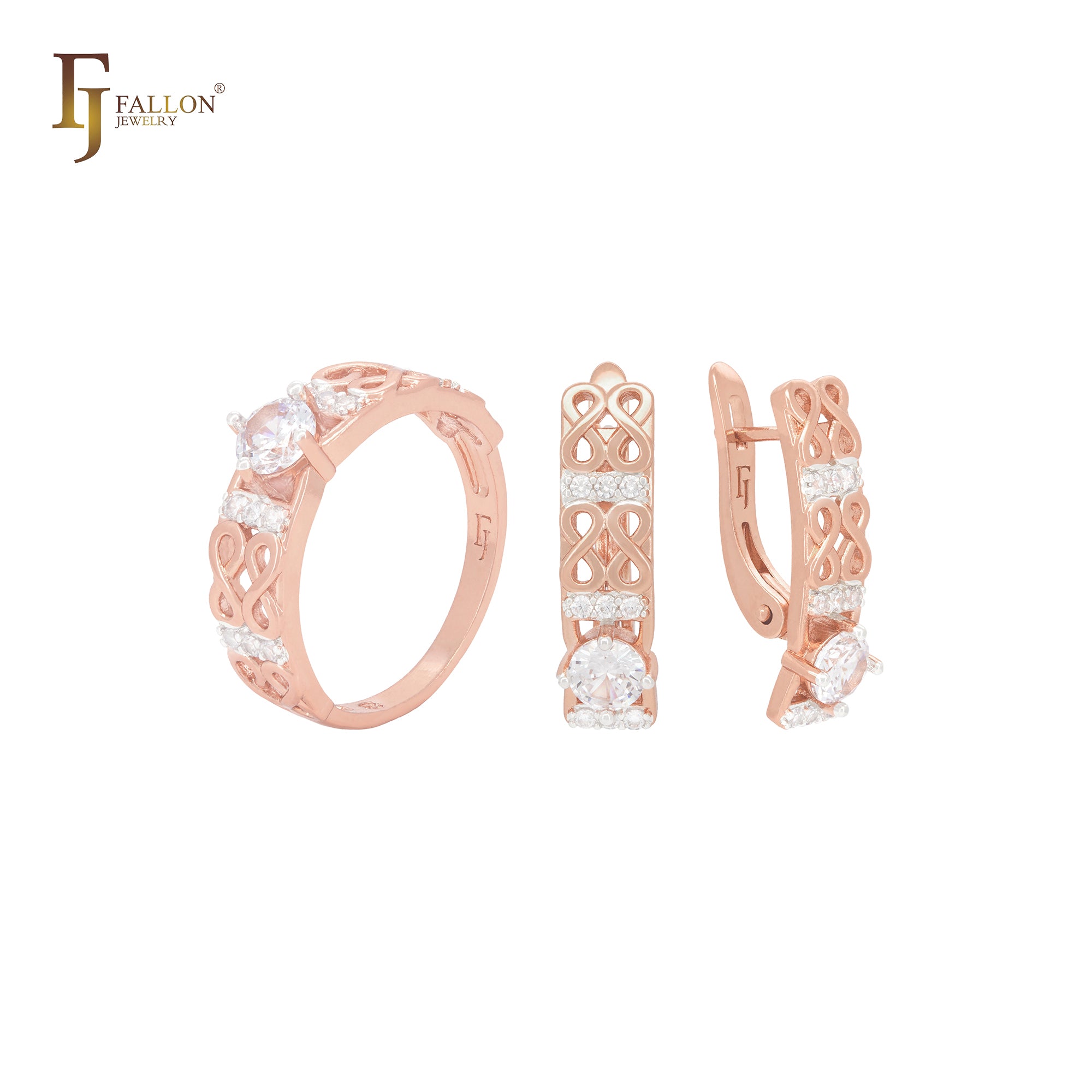 Conjunto de joias de ouro rosa com 8 sinais de infinito duplo e zircônias cúbicas brancas e anéis