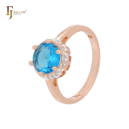 Solitaire Halo Big Rounded Colorful CZ Rose Gold two tone Engagement Rings