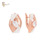 Oval hexagon with solitaire white CZ with Paved white Czs Rose Gold two tone Russian Lock Earrings