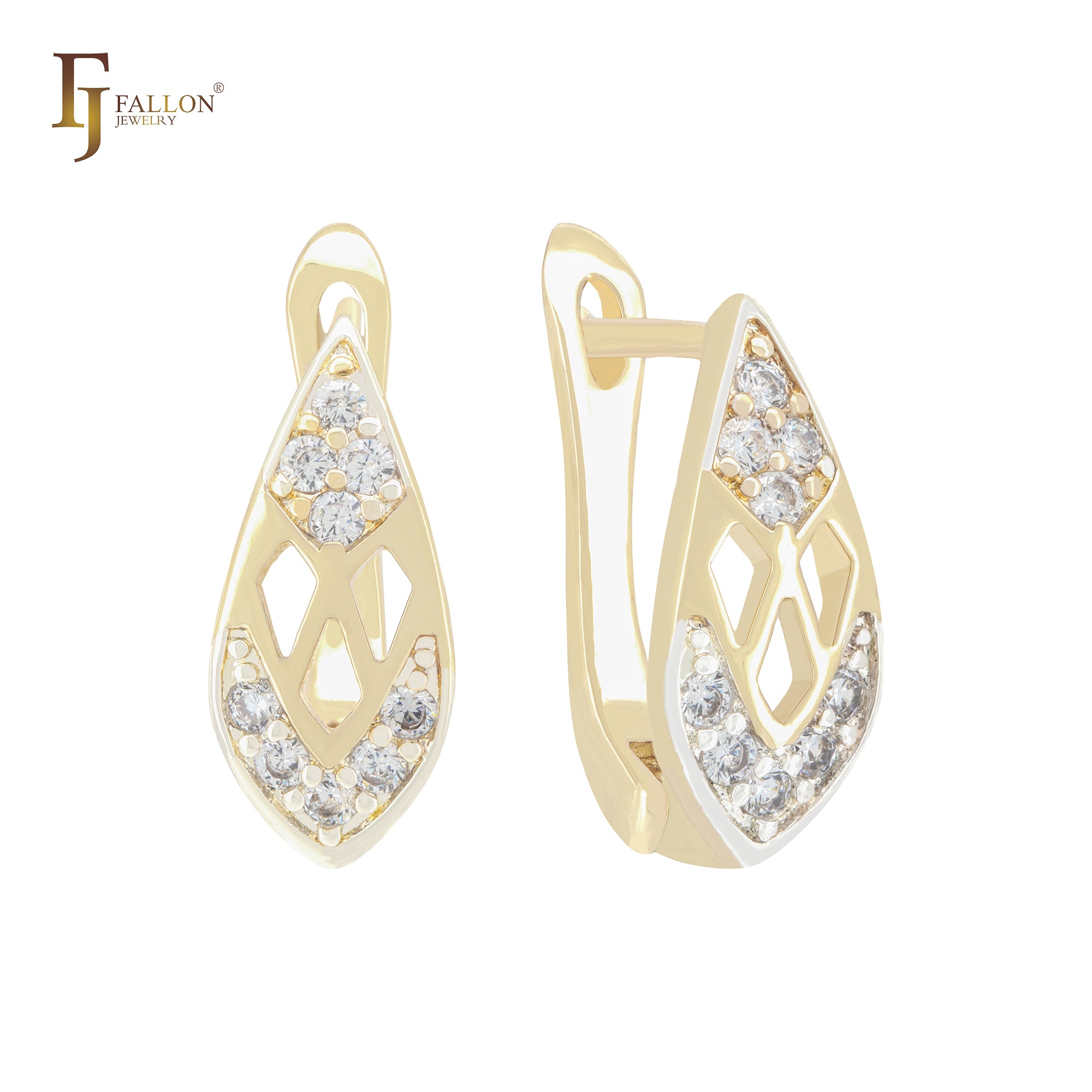 Oval white CZs 14K Gold two tone Clip-On Earrings