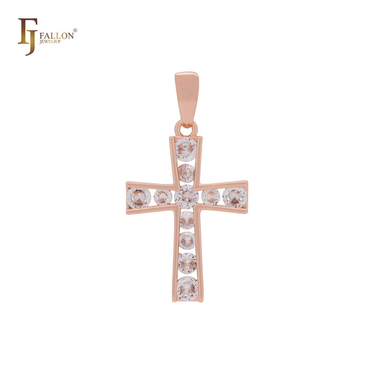 Colgante de cruz de oro rosa con circonitas blancas en racimo latino