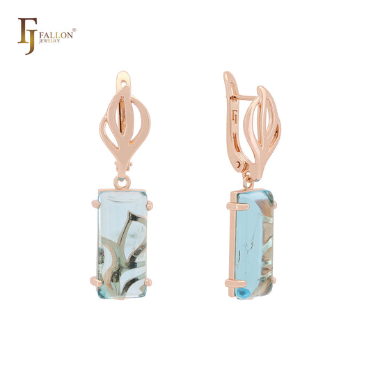 Rounded Squared Rectangular Lake Blue Stone Rose Gold CLip-On Earrings