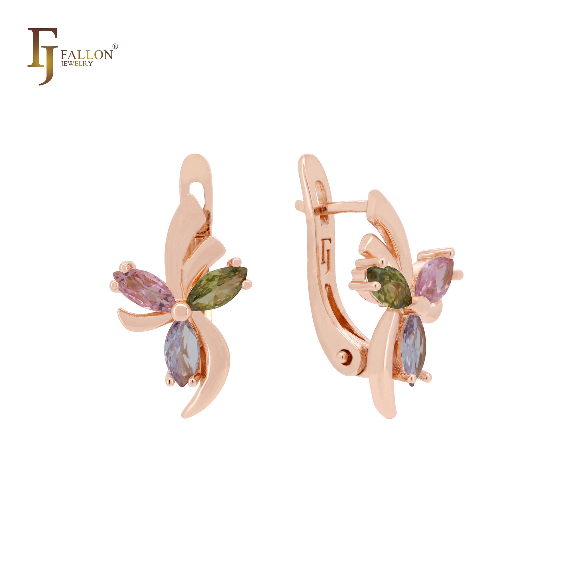 Flower of butterfly white CZs Rose Gold Russian Lock Earrings