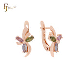 Flower of butterfly white CZs Rose Gold Russian Lock Earrings