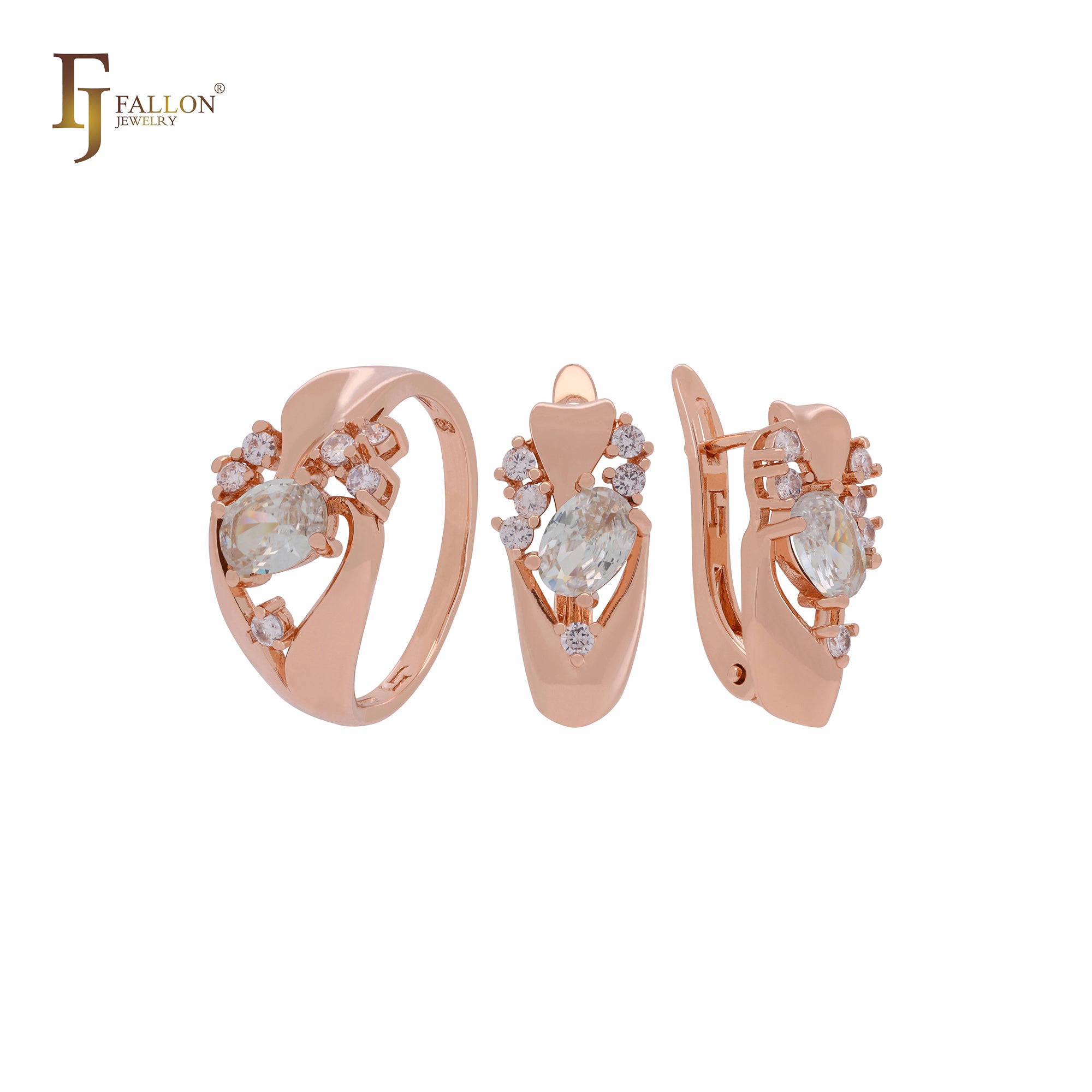Luxuriöses Schmuckset aus Roségold mit weißen, smaragdgrünen oder kaffeebraunen Zirkonia-Steinen und Ringen