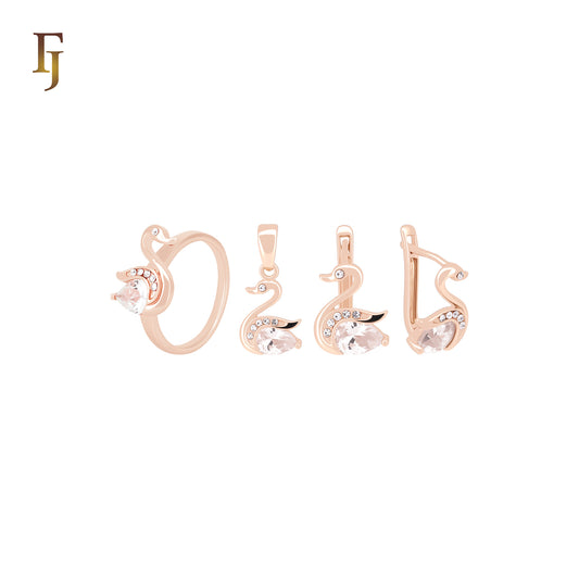 Elegant Goose Swan of white CZs Rose Gold Jewelry Set with Rings and Pendant