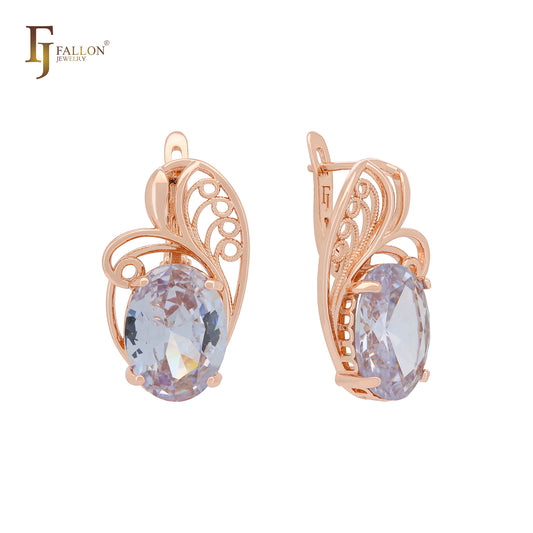 Solitaire Oval wide Colorful CZ Rose Gold Clip-On Earrings