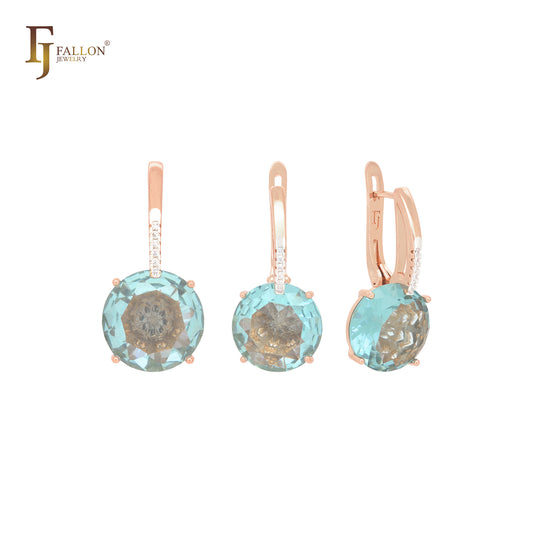 Conjunto de joias coloridas gigantes redondas com zircônias cúbicas e zircônias cúbicas brancas em ouro rosa e dois tons com pingente