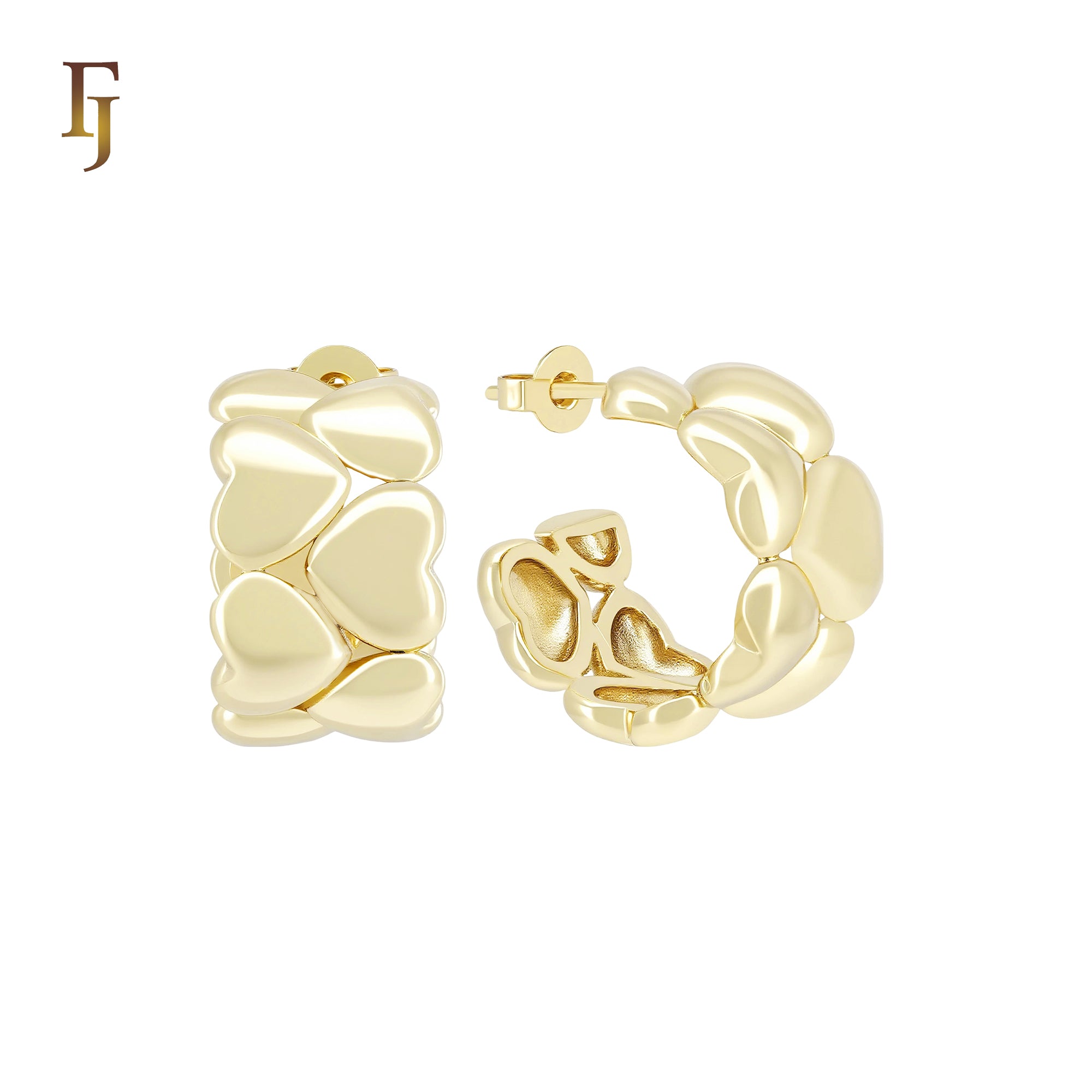 Double Rows of hearts 14K Gold, Rose Gold Stud Earrings