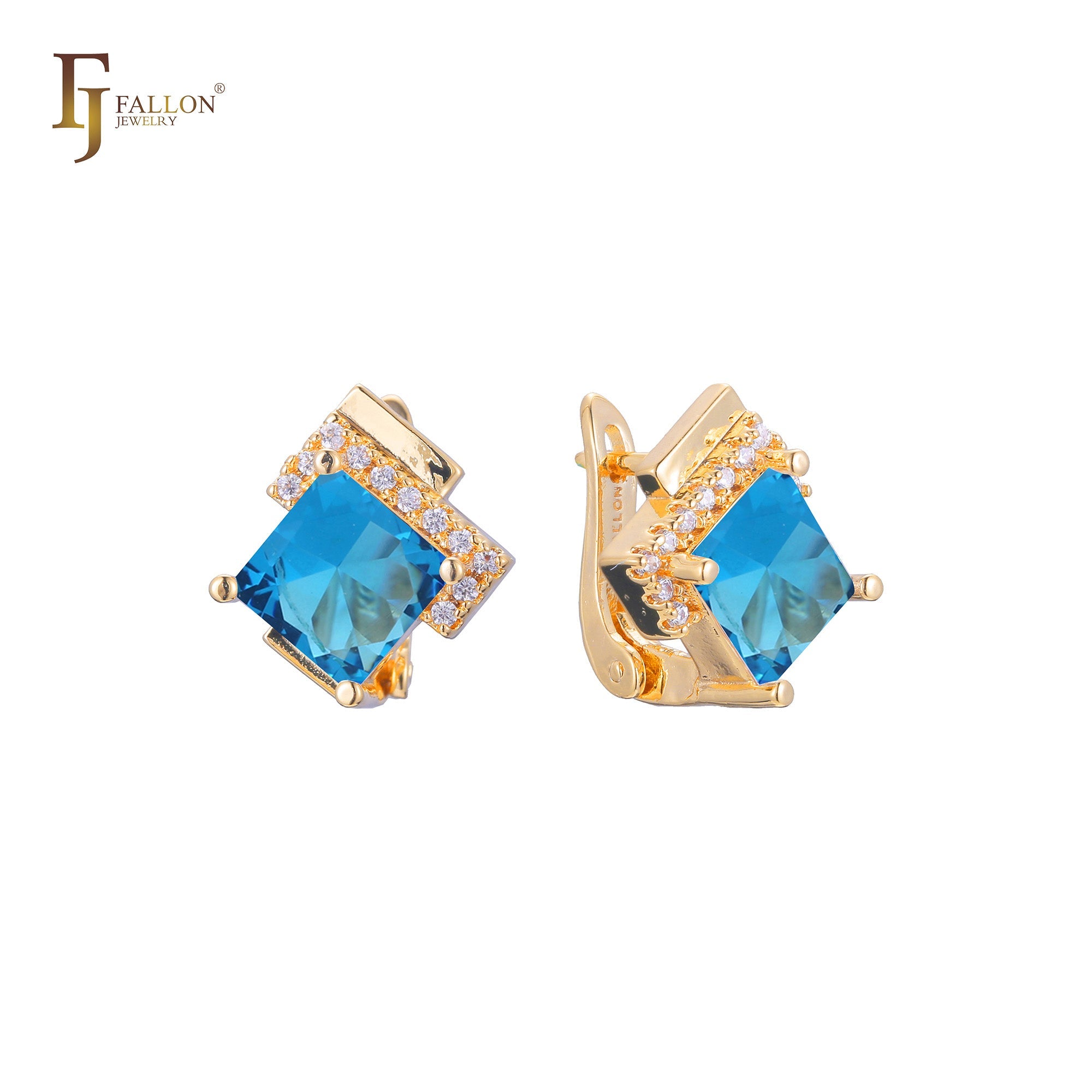 Solitaire emerald cut big stone earrings in 14K Gold, 18K Gold, Rose Gold plating colors